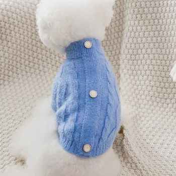 Пуловер за кучета, Есенен пуловер, за кучета, мек вязаный пуловер син цвят с бежевыми бутони, топъл пуловер с висока воротом, Дрехи за домашни любимци на малки и средни