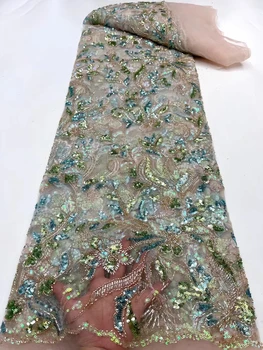 Расшитая мъниста Лейси плат Сватбена рокля 2023, Благородна Нигерийская лъскава лейси мрежа, Тюл, Луксозни кристални мъниста, ръчно изработени, на 5 ярда