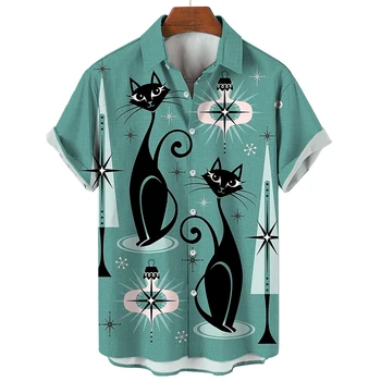 Риза 2023 Топ с принтом котка и животни, Графична тениска, Модни и Ежедневни риза в стил Харадзюку с къс ръкав, Плажна риза Унисекс, Дрехи Оверсайз
