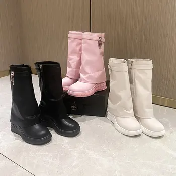 Розови дамски модни обувки на дебела подметка, женски ботуши на висок ток със страничен цип, модни дамски обувки, сладки универсални обувки Four Seasons