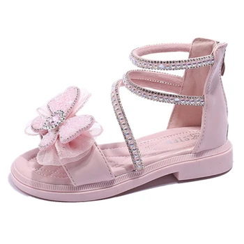Сандали за момичета 2023 г., Нови летни модни сандали принцеса с кристали и пеперуди подметка, Детска плажна обувки в римски стил