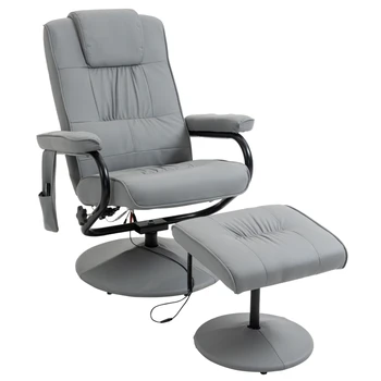 Сиво стол от изкуствена кожа с възможност за сгъване на облегалката и пуфиком, въртящо се Вибромассажное стол за почивка с дистанционно управление