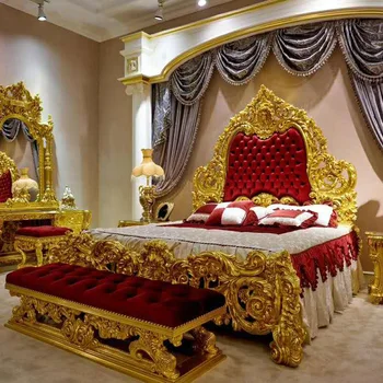 Спалня на вила в европейски стил, легло от позлата, дърворезба, основна спалня, сватбена легло, френски дворец, двойно легло