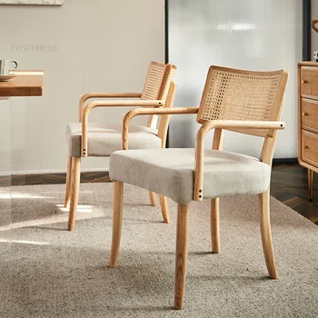 Трапезни столове от ратан в Скандинавски стил за домакинство Трапезария стол от масивно дърво Стол с облегалка за почивка Мебели за трапезария Дизайнерски стол