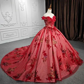 Червени Бляскави Буйни Рокля С открити рамене, Бална Рокля, Апликации от 3 цвята, Расшитый Мъниста Корсет, Рокля на Принцеса 15 vestidos de