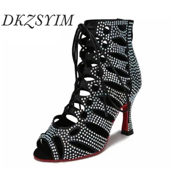 DKZSYIM/ Дамски обувки за Латинските танци, Черни ботуши за Салса С кристали, дамски Обувки за момичета, Вечерни Обувки за танци балната зала на ток, Летни
