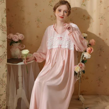 Дамски френска сладък розов памучен нощница, Пижама с V-образно деколте, бельо, пижами с дълъг ръкав