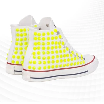 Модни дофаминово-жълти парусиновые обувки с висок берцем и нитове, дизайнерски парусиновая ръчно изработени обувки, обувки за улични танци в стил хип-хоп, ежедневни обувки